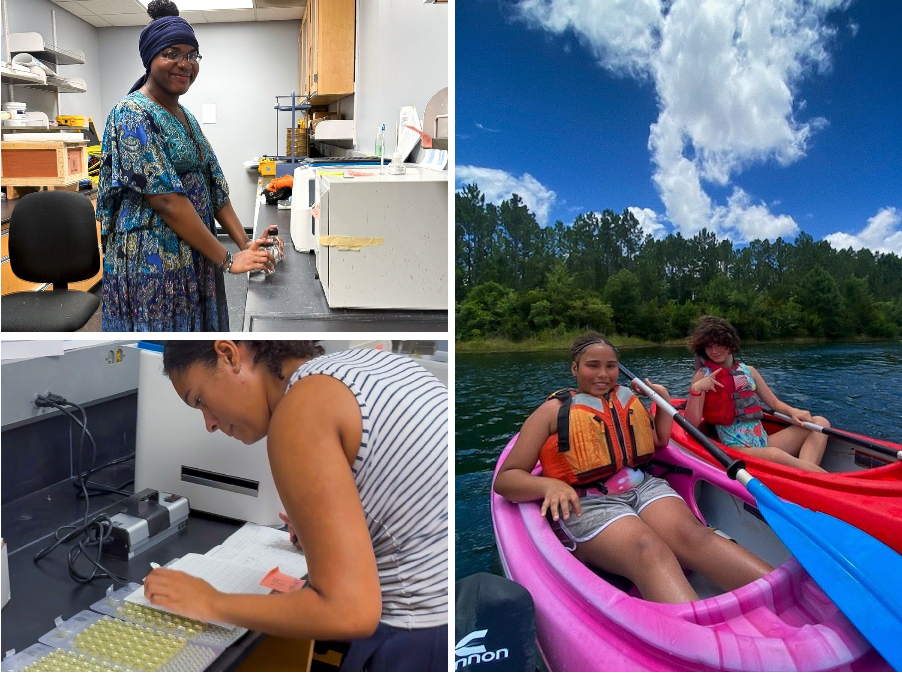 Top Left: Cape Fear BWTF program lead, Ayanna Mitchell. Bottom Left: A volunteer records test results in the lab. Right: Youth participants enjoy a kayak eco-education expedition as part of the ALL in the Water program.
