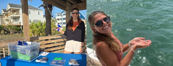 Sarah at a blue Surfrider table as well as out on a boat.