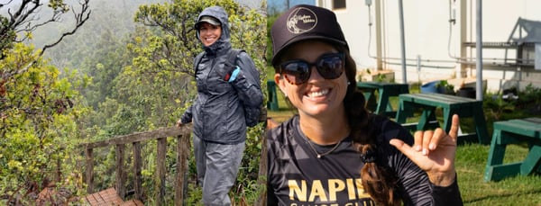 Heidi Beltz on a hike (left) and throwing a shaka (right)