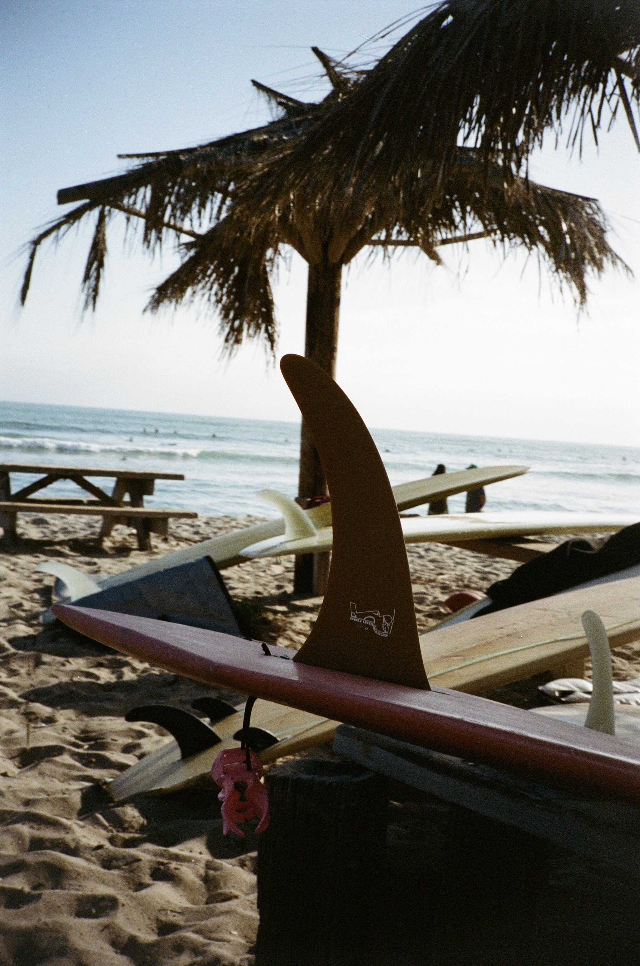 Close up a black surfboard fin attatched to the tail fo a red longboard, in the backgroudn multiple longpboards are laid accross the sand with picnic benches and the ocean in the back.