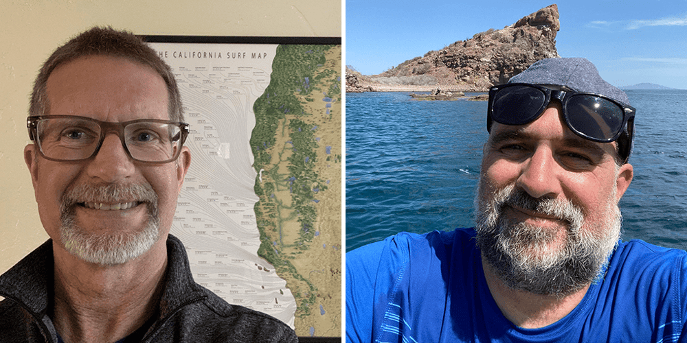 Mike poses in front of a map of CA surf spots, and Tico on the water.