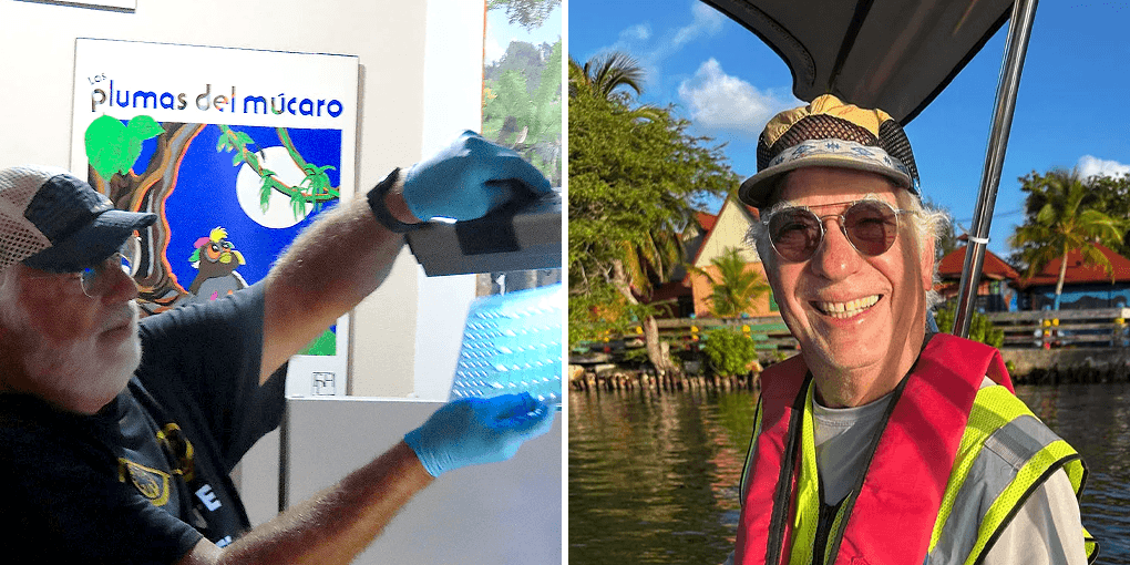 Paco Lopez poses with a water sample on the left, and sitting on a boat, right.