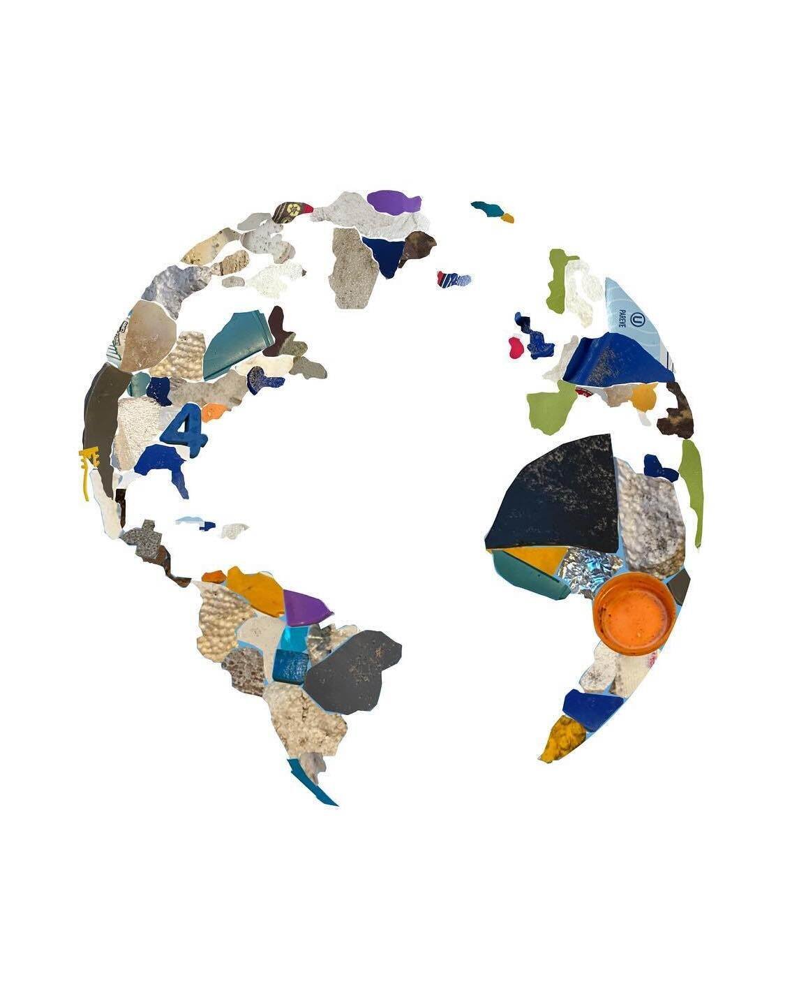 Planet Earth made out of small colorful pieces of trash.