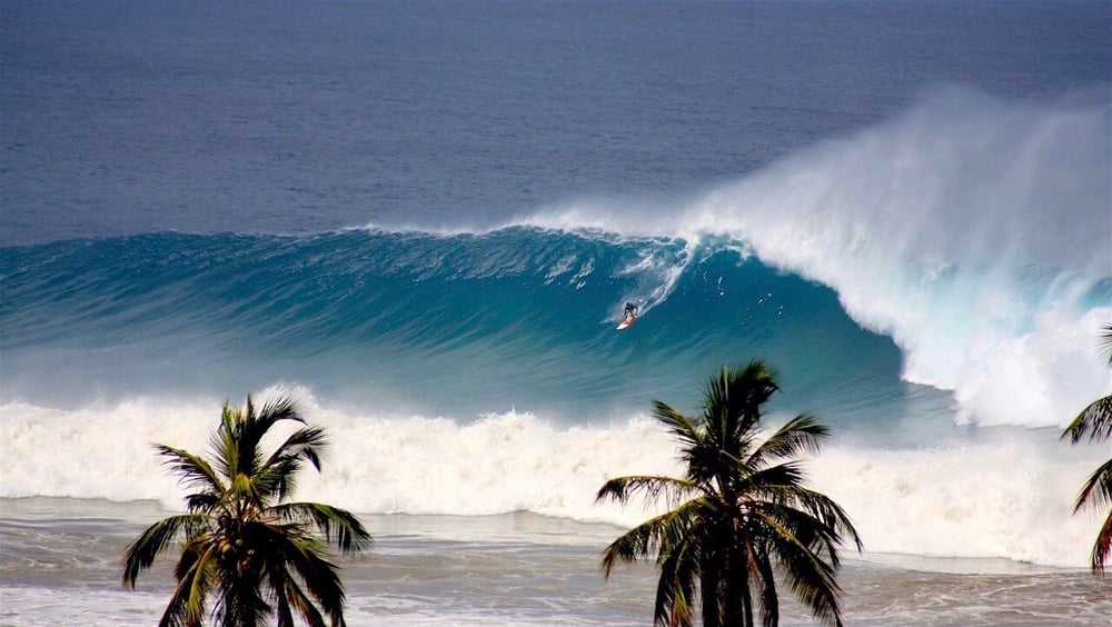 A lone surfer drops into a very large wave at Tres Palmas.