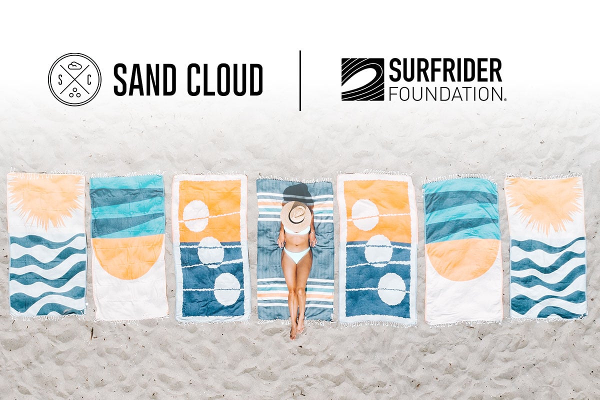 7 Sand Cloud Towels with a woman lying on the middle towel, and the Surfrider and San Cloud logos above.
