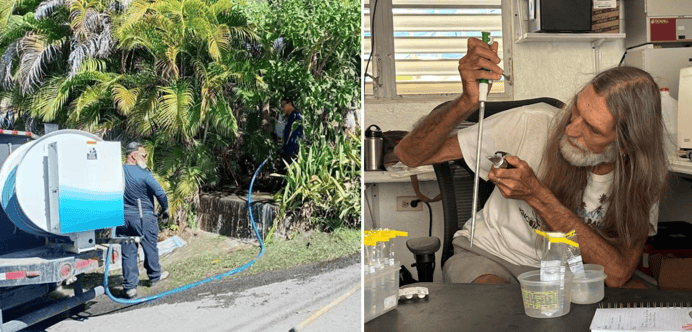 Left: Local authorities respond to sewage discharged into streets and nearby wetlands following a blockage in a pressurized wastewater line on Calle Pérez. Right: BWTF Program Lead Steve Tamar analyzes water samples at the Rincón lab.