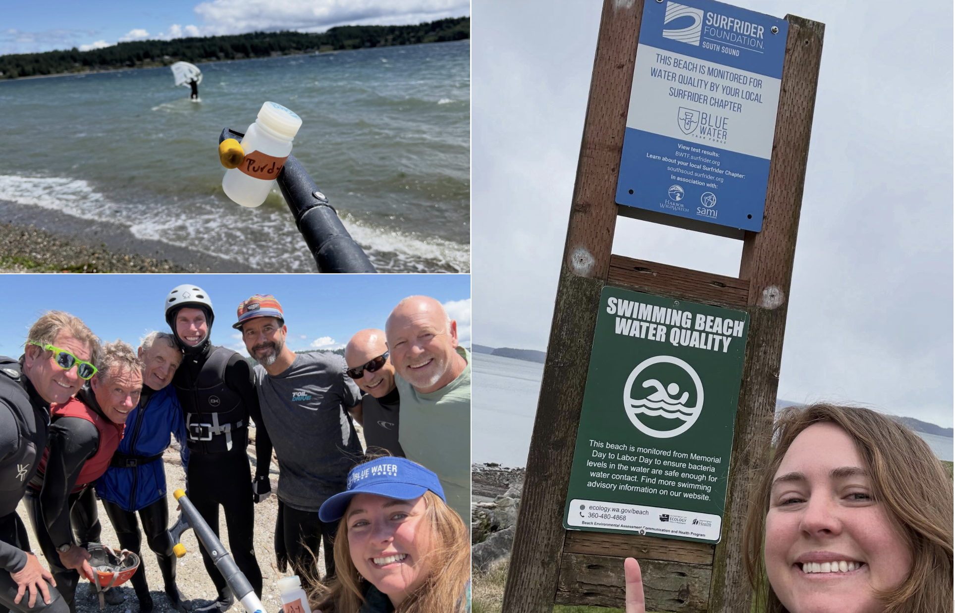 Top left: A water sample is collected while a wing foiler enjoys the water in the background. Bottom left: BWTF Coordinator Stena Troyer with a water sample in front of some stoked water sports enthusiasts. Right: Water quality signs from the South Sound BWTF and Washington State Department of Ecology displayed together at a beach where both organizations work together to monitor water quality.