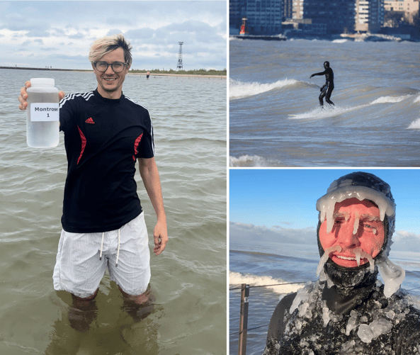 Left: The very first BWTF sample collected at Montrose Beach—and the first-ever BWTF sample collected in the Great Lakes. Top right: A surfer riding a wave at Montrose Beach. Photo credit: Joe Siwak. Bottom right: A Great Lakes surfer sporting an ice beard.