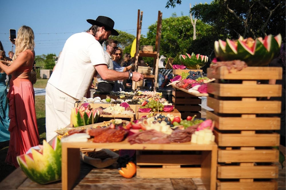 A table arranged with food.