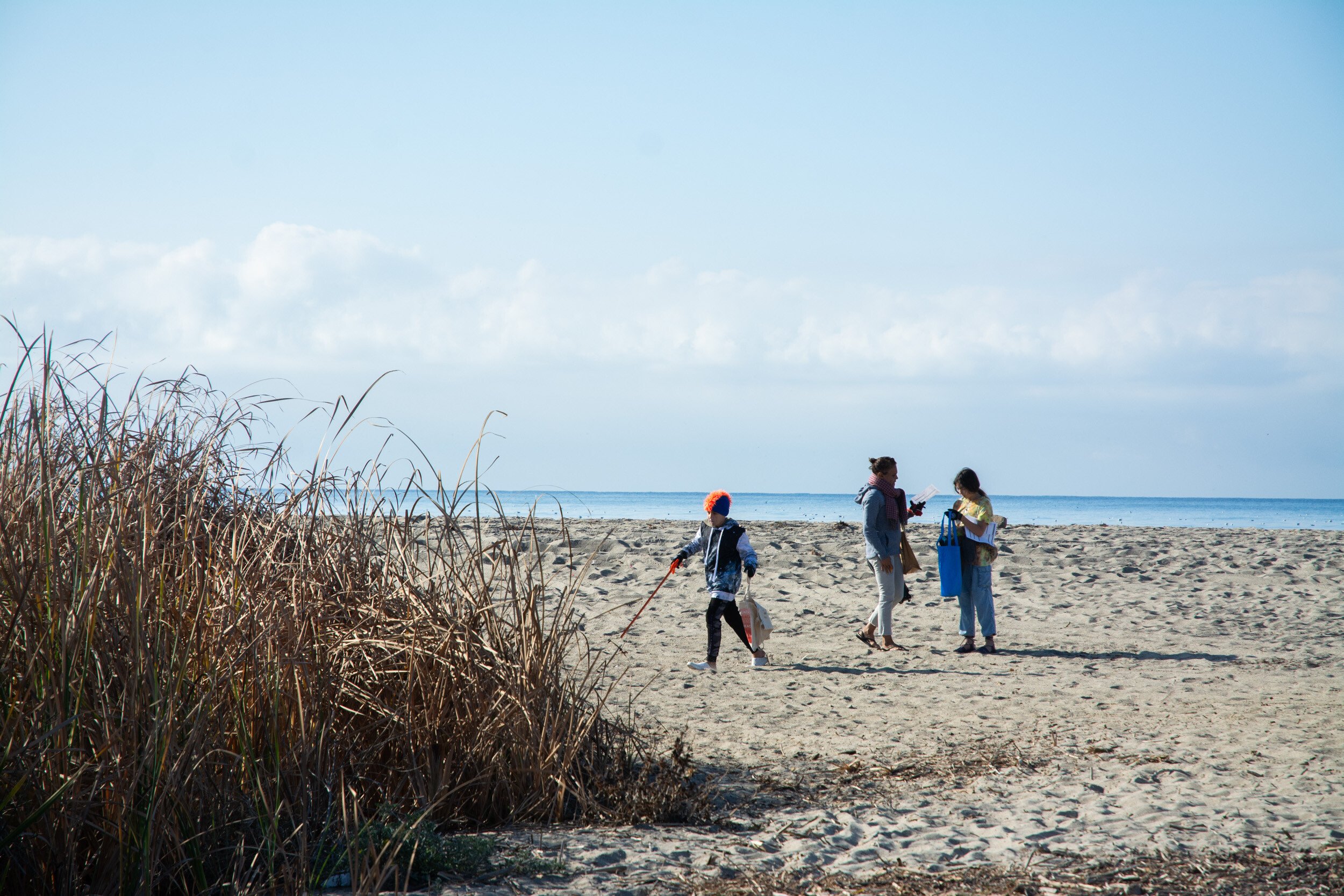 A family of three scatter along a crisp sandy beach picking up trash and holding data collection cards while recording their findings.