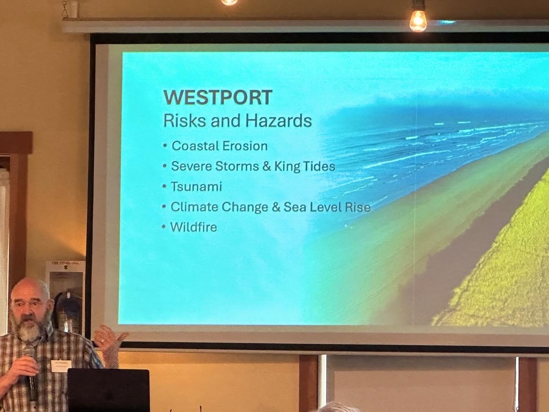 A slide showing the coastal risks and hazards, including erosion, storms, king tides, tsunami, climate change and sea level rise, and wildfire