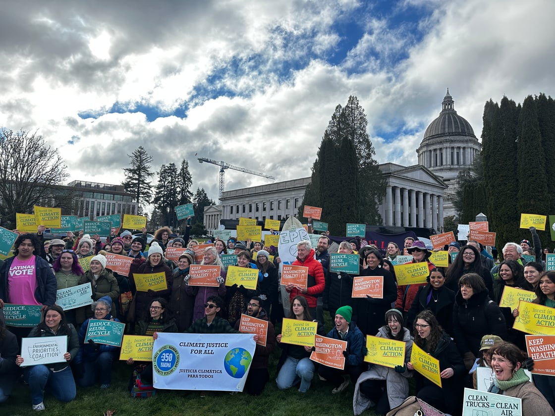 Dozens of activists holding signs in front of the capital building