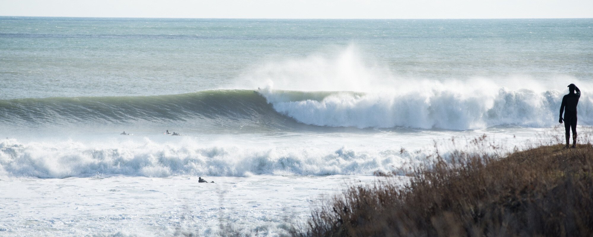 A big righthand wave Ruggles with a surfer looking out to see in the foreground.