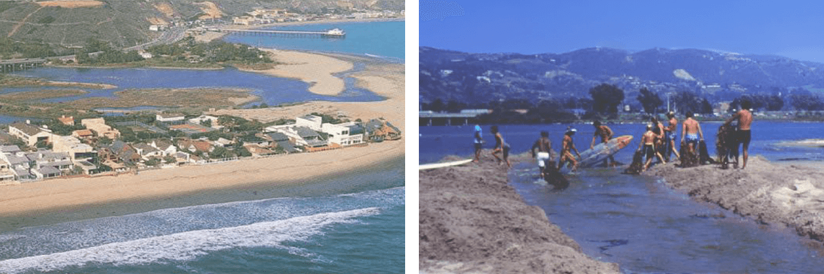 Aerial image of the manmade lagoon outlet that damaged the wave at Malibu's first point; and local surfers trying to stop the lagoon's outflow.