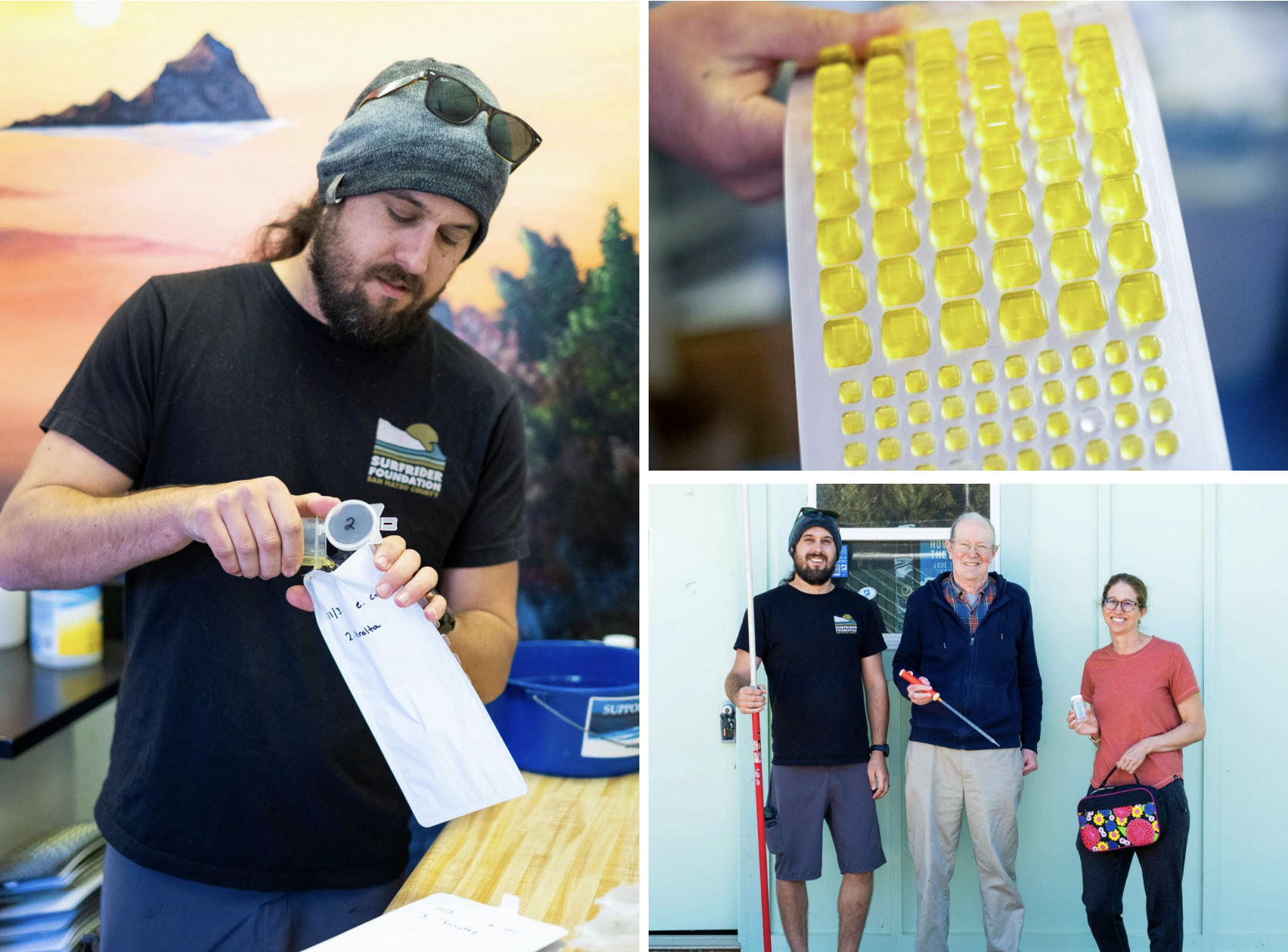 Left: Mitch Milligan, volunteer leader of the San Mateo County Chapter’s BWTF, processes a sample in the lab. Right: A water sample (top) and coalition partners (bottom) at the BWTF lab in Pillar Point Harbor, California. Photo credit: Kathryn Wheeler