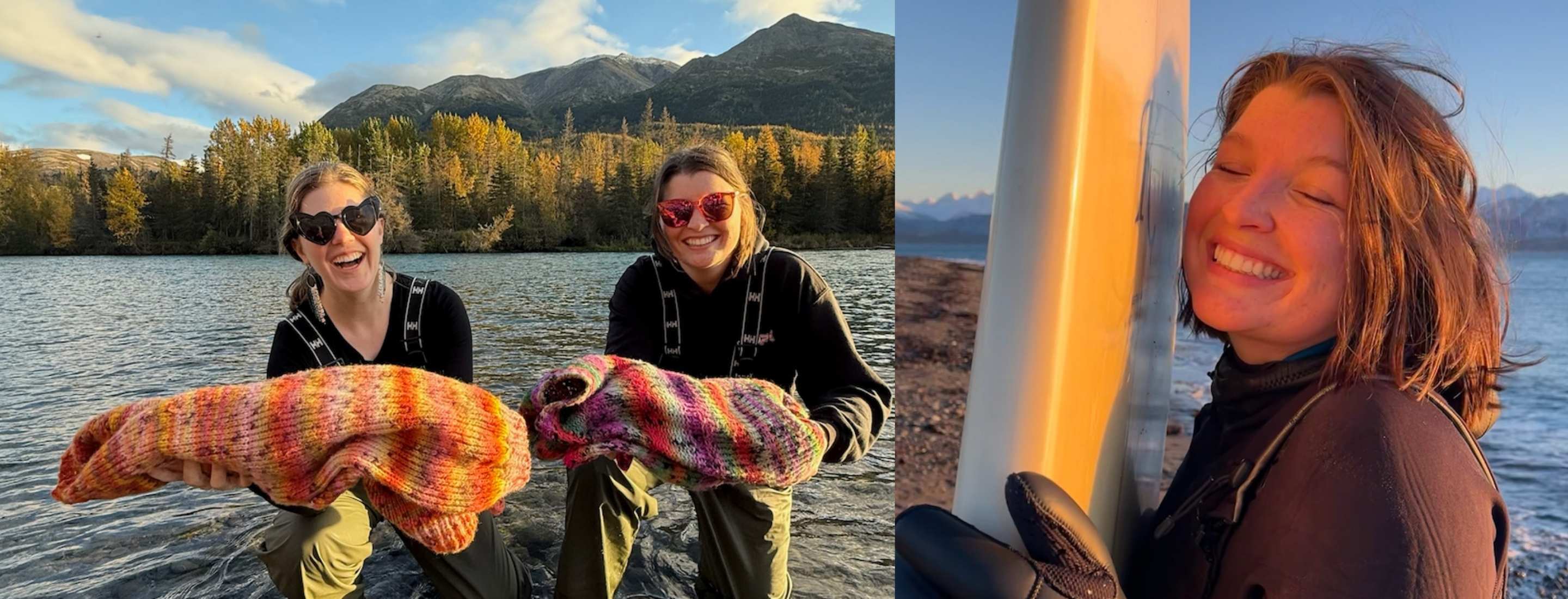 Marcy holds a trout covered in a homemade sweater, and she poses with her cheek up against her surfboard, in a wetsuit with gloves.