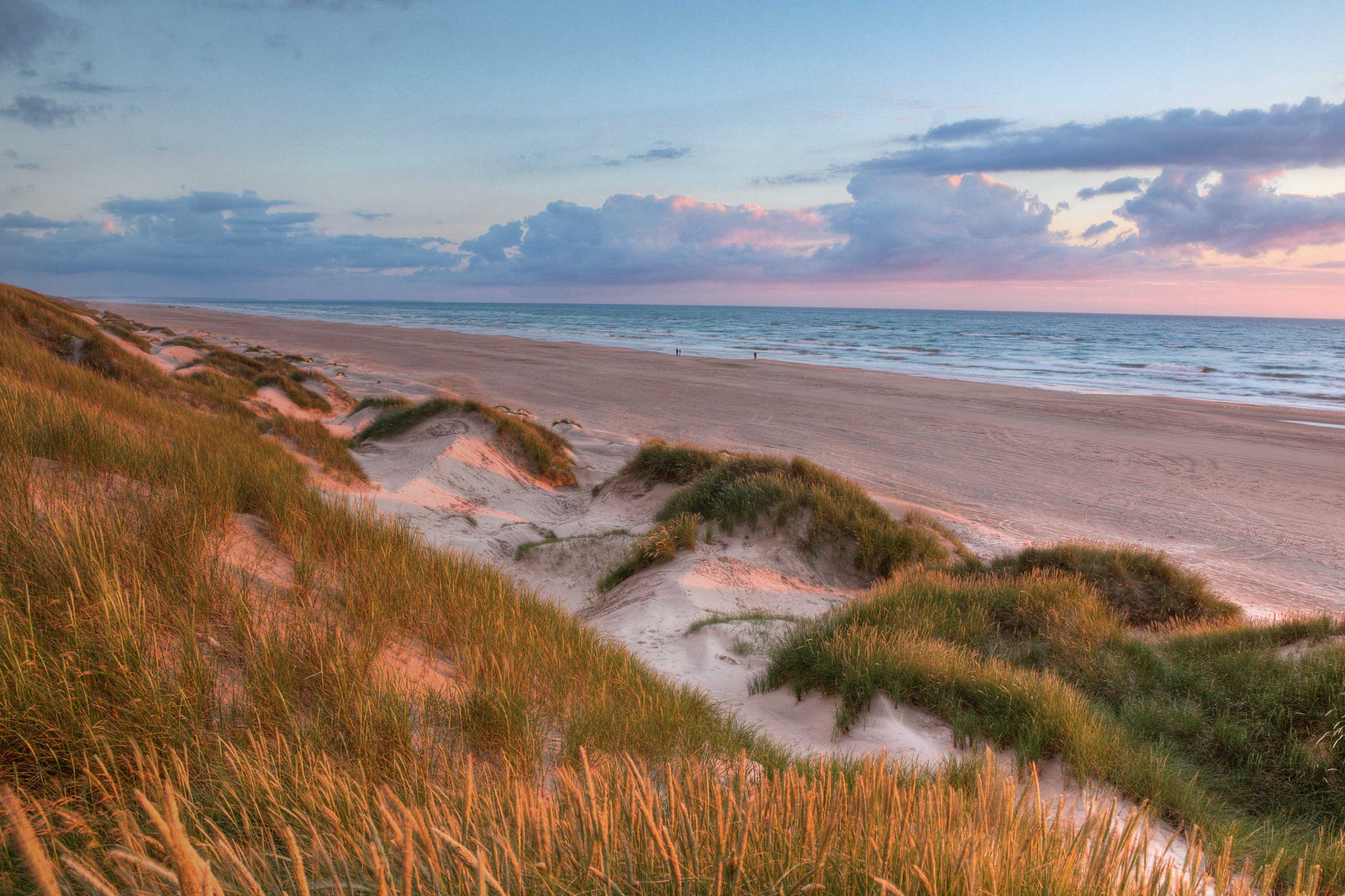 Beach in the foreground with the ocean in the background at sunset.