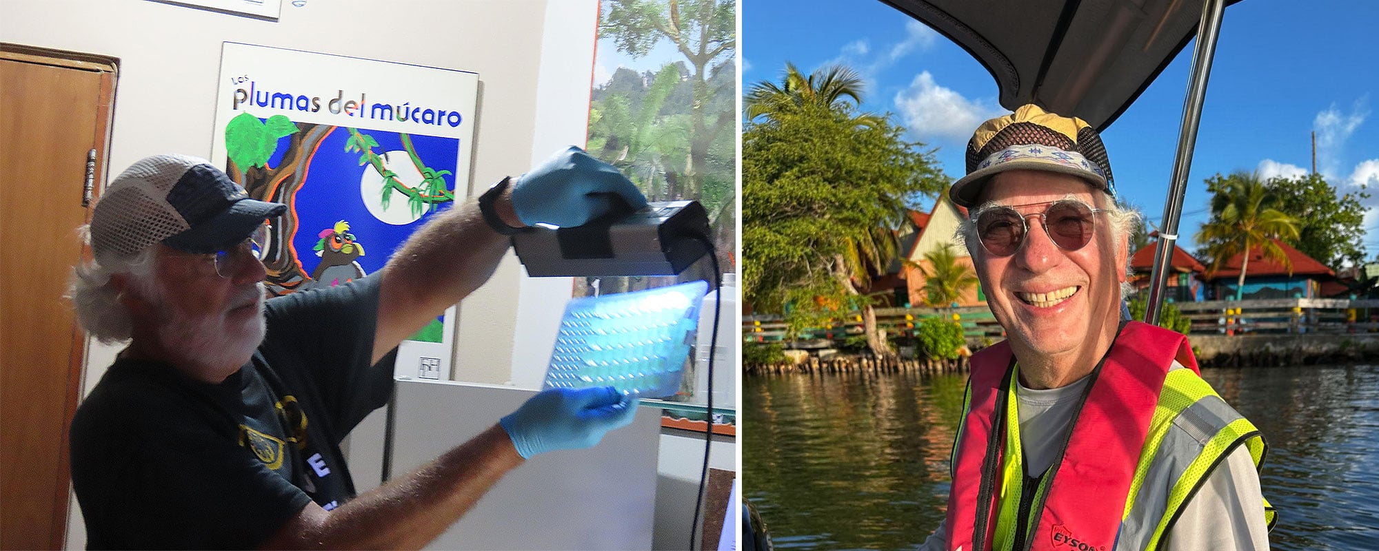 Paco checks water quality samples (left). On the right, he is posing on a boat.