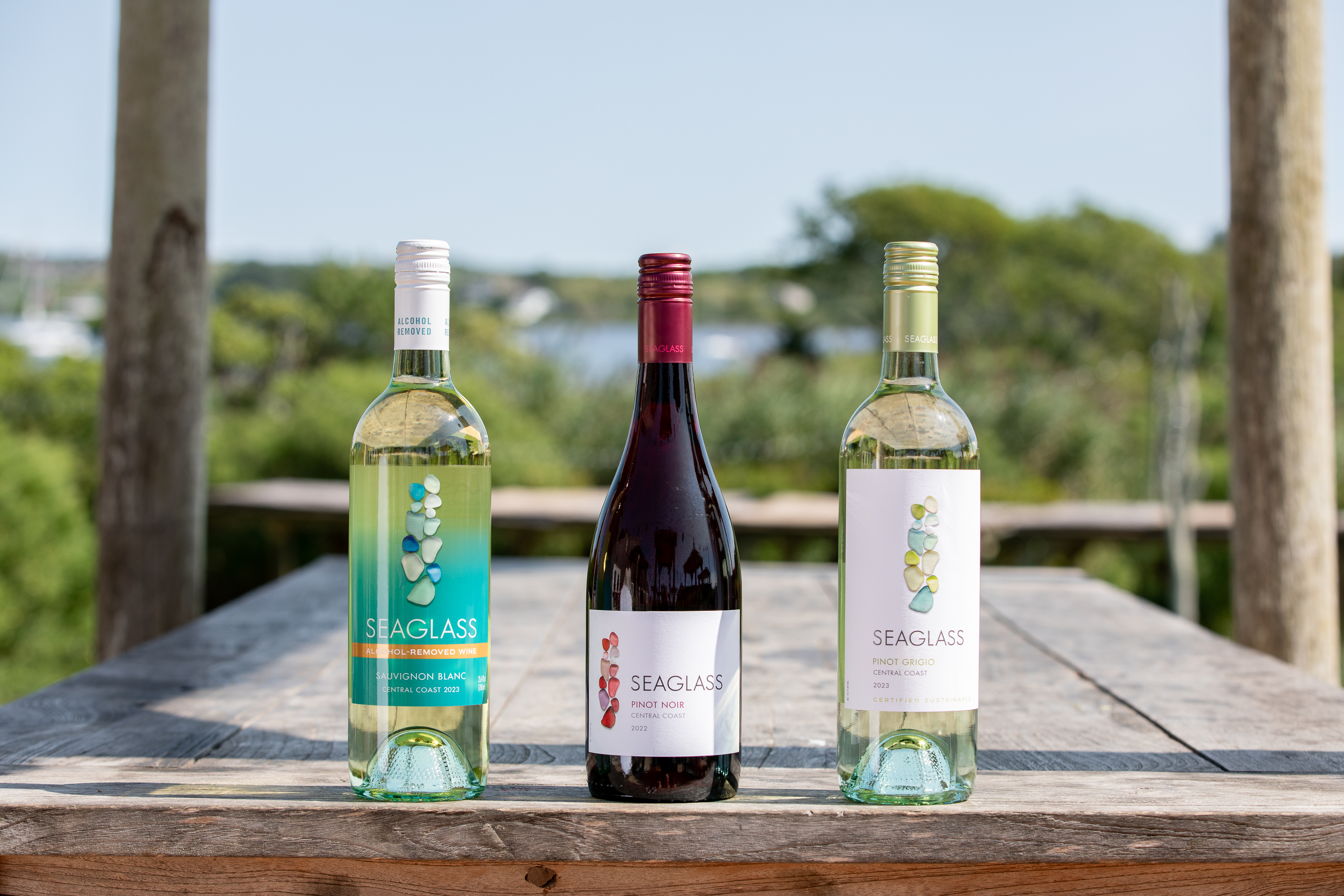 Three varietals of SEAGLASS wine.